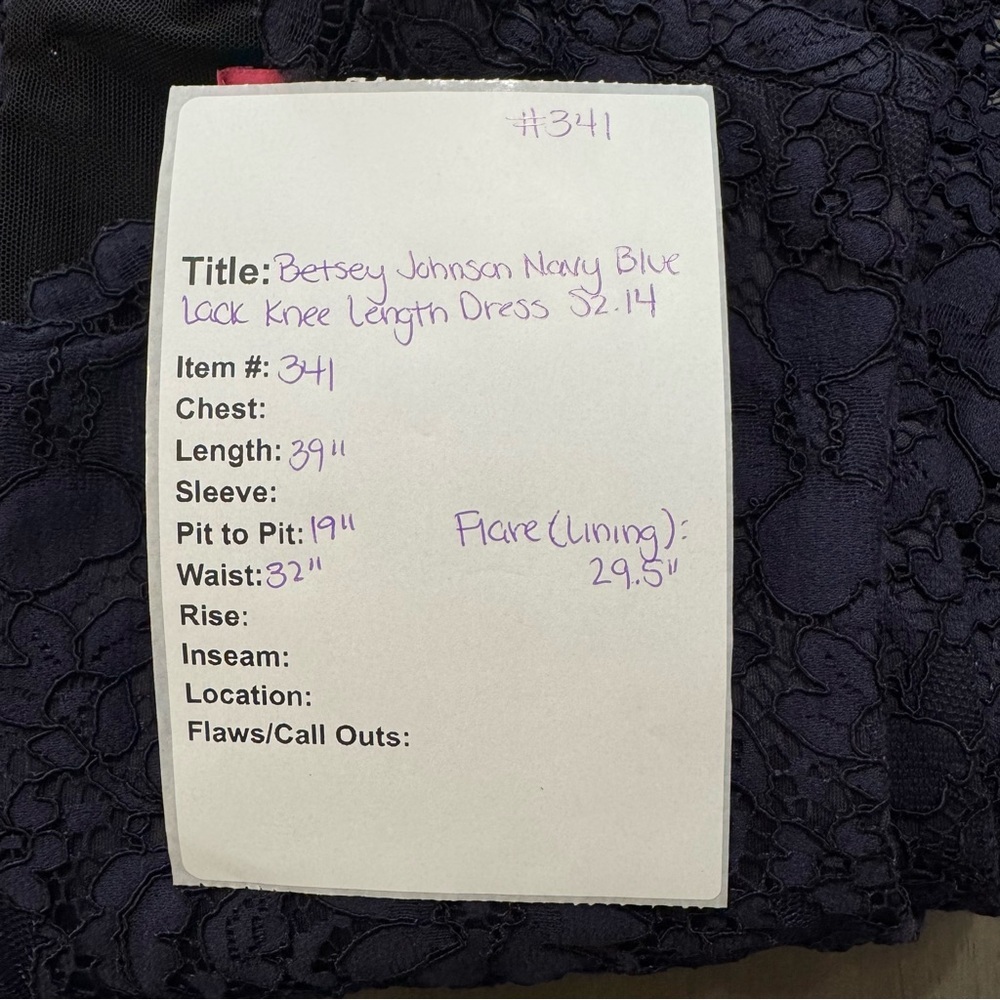 Betsy Johnson Navy Blue Lace Knee Length Dress Sz. 14 Small Mesh Back Lined - Picture 8 of 8